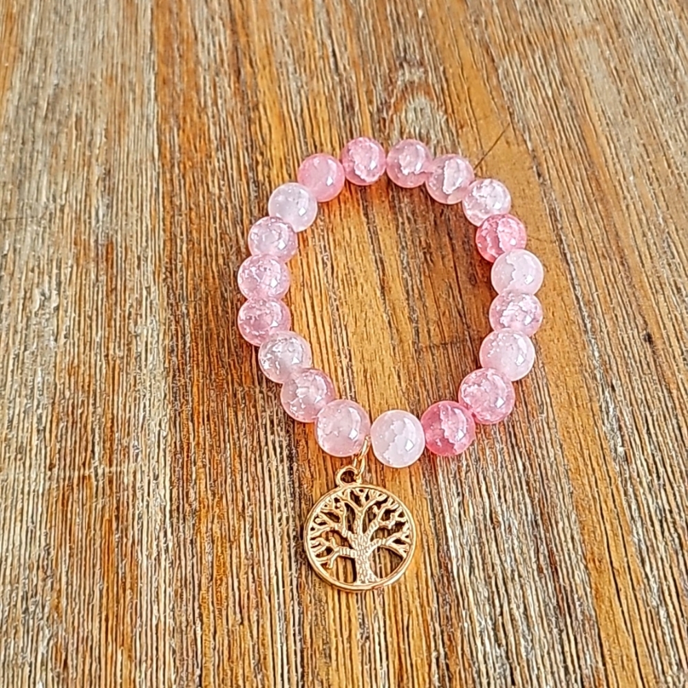 Pink Crystal Beaded Bracelet With Tree Of Life Shape Pendant. - Picture 4 of 6